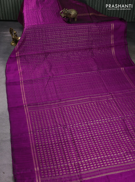Pure dupion silk saree dark megenta with allover zari stripe & buttas and zari woven simple border