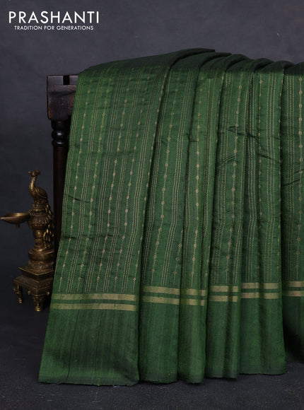 Pure dupion silk saree green with allover zari stripe & buttas and zari woven simple border