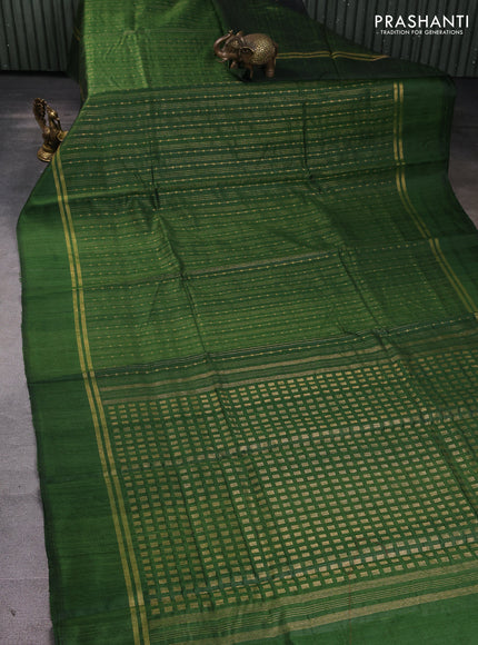 Pure dupion silk saree green with allover zari stripe & buttas and zari woven simple border