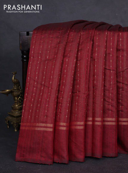Pure dupion silk saree red with allover zari stripe & buttas and zari woven simple border