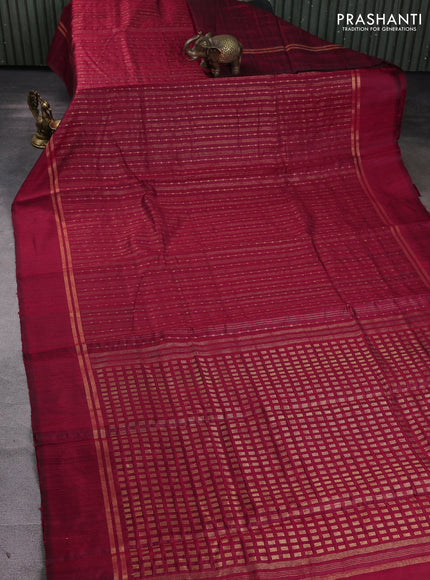 Pure dupion silk saree red with allover zari stripe & buttas and zari woven simple border