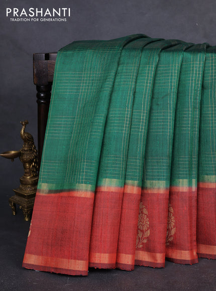 Pure dupion silk saree green and orange with allover zari checked pattern and rettapet zari woven butta border