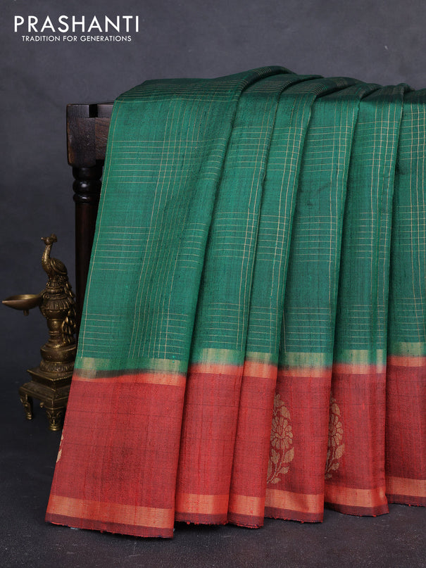 Pure dupion silk saree green and orange with allover zari checked pattern and rettapet zari woven butta border