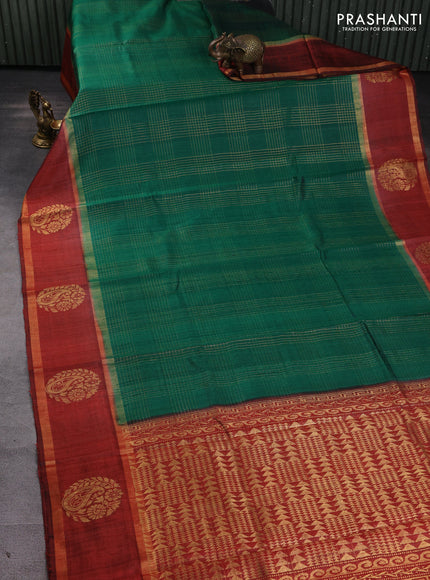 Pure dupion silk saree green and orange with allover zari checked pattern and rettapet zari woven butta border