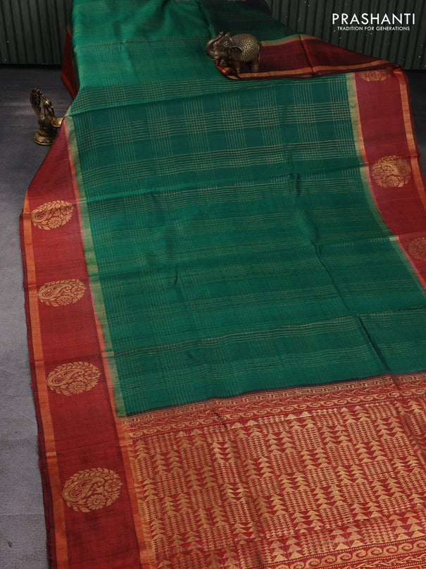 Pure dupion silk saree green and orange with allover zari checked pattern and rettapet zari woven butta border