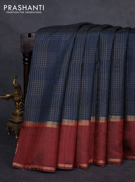 Pure dupion silk saree peacock green and rust shade with allover zari checked pattern and rettapet zari woven butta border
