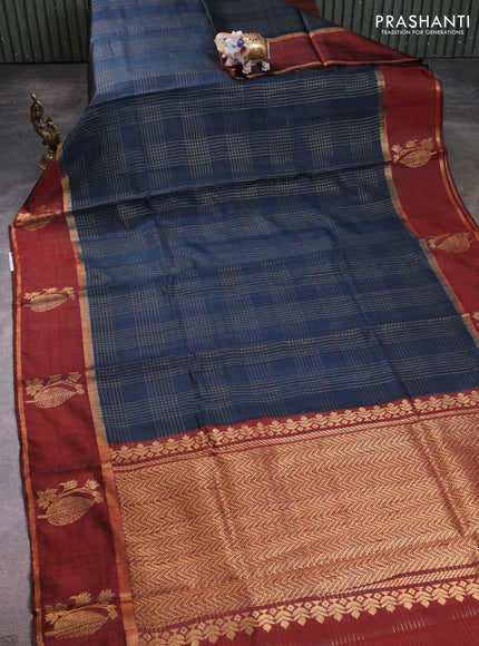 Pure dupion silk saree peacock green and rust shade with allover zari checked pattern and rettapet zari woven butta border