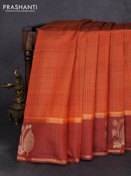 Pure dupion silk saree orange with allover zari checked pattern and rettapet zari woven butta border