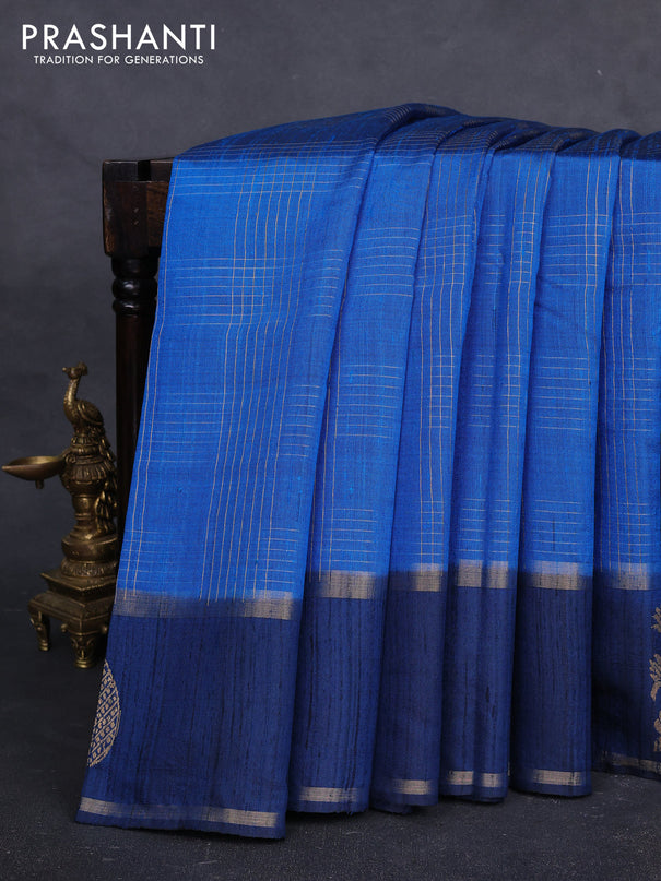 Pure dupion silk saree cs blue with allover zari checked pattern and rettapet zari woven butta border