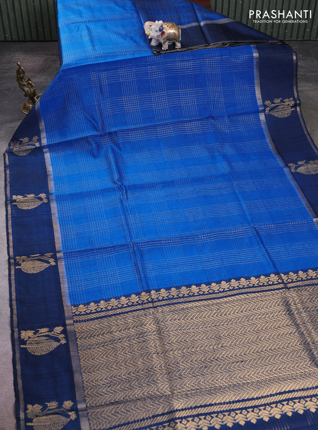 Pure dupion silk saree cs blue with allover zari checked pattern and rettapet zari woven butta border