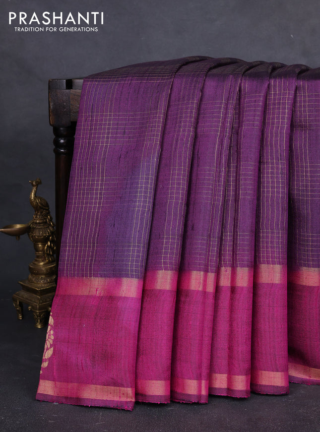 Pure dupion silk saree violet and magenta pink with allover zari checked pattern and rettapet zari woven butta border