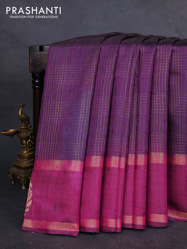 Pure dupion silk saree violet and magenta pink with allover zari checked pattern and rettapet zari woven butta border