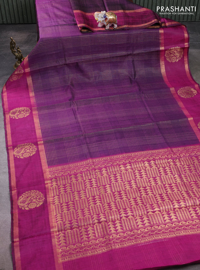 Pure dupion silk saree violet and magenta pink with allover zari checked pattern and rettapet zari woven butta border