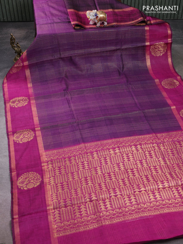 Pure dupion silk saree violet and magenta pink with allover zari checked pattern and rettapet zari woven butta border