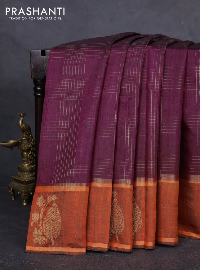 Pure dupion silk saree deep purple and orange with allover zari checked pattern and rettapet zari woven butta border