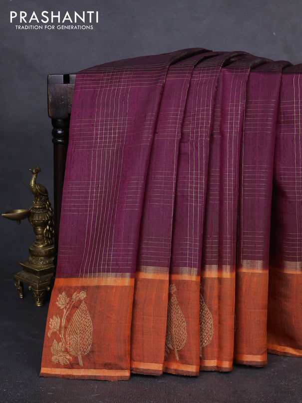 Pure dupion silk saree deep purple and orange with allover zari checked pattern and rettapet zari woven butta border