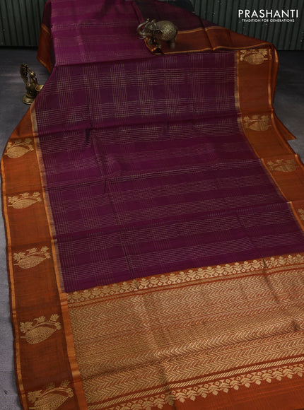 Pure dupion silk saree deep purple and orange with allover zari checked pattern and rettapet zari woven butta border
