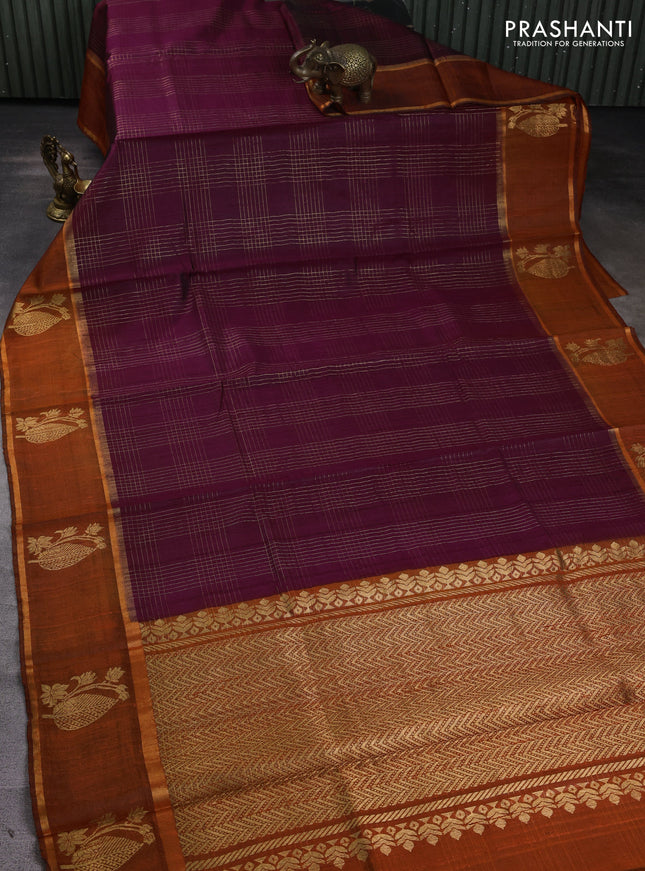 Pure dupion silk saree deep purple and orange with allover zari checked pattern and rettapet zari woven butta border