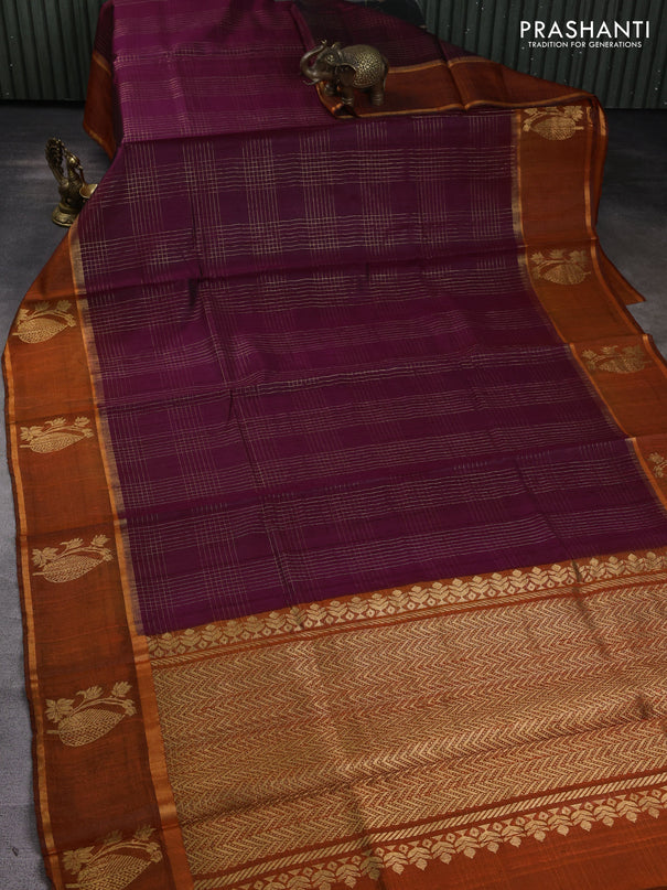 Pure dupion silk saree deep purple and orange with allover zari checked pattern and rettapet zari woven butta border