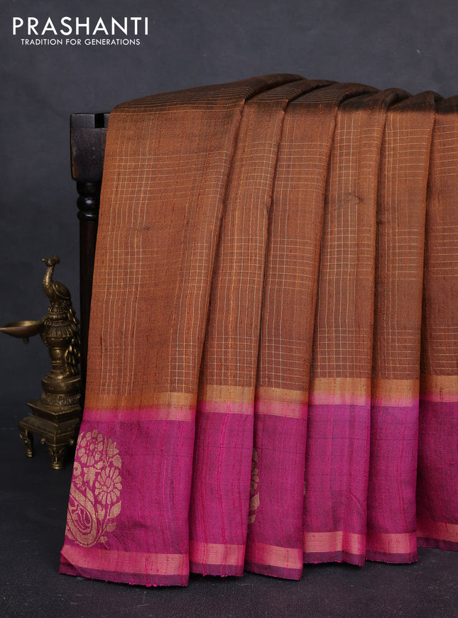 Pure dupion silk saree dark mustard and pink with allover zari checked pattern and rettapet zari woven butta border