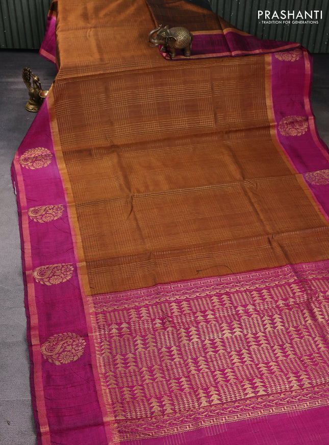 Pure dupion silk saree dark mustard and pink with allover zari checked pattern and rettapet zari woven butta border