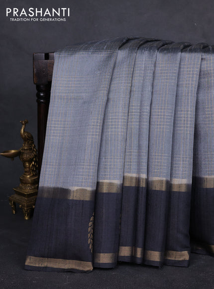 Pure dupion silk saree grey and navy blue with allover zari checked pattern and rettapet zari woven butta border
