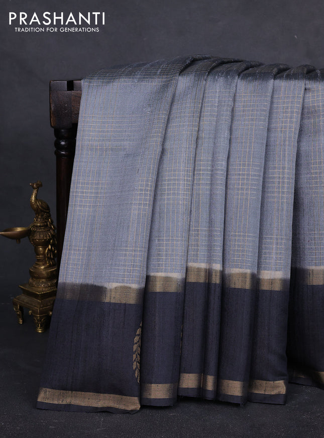 Pure dupion silk saree grey and navy blue with allover zari checked pattern and rettapet zari woven butta border