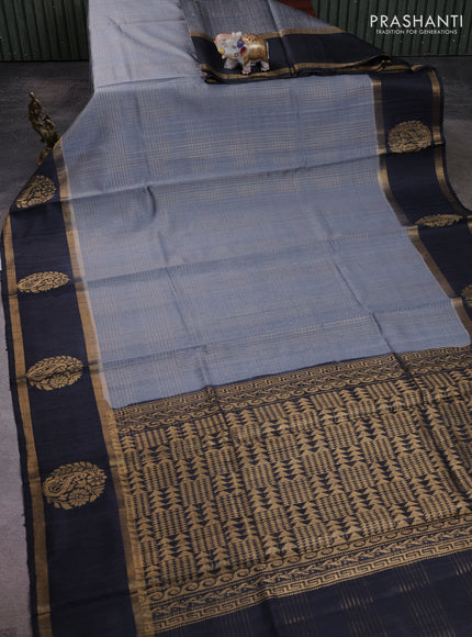Pure dupion silk saree grey and navy blue with allover zari checked pattern and rettapet zari woven butta border