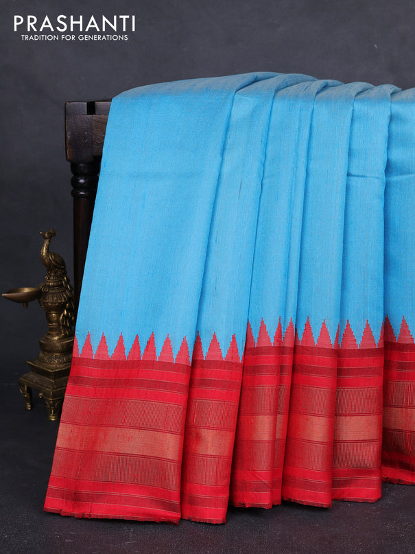 Pure dupion silk saree cs blue and red with plain body and temple design zari woven border