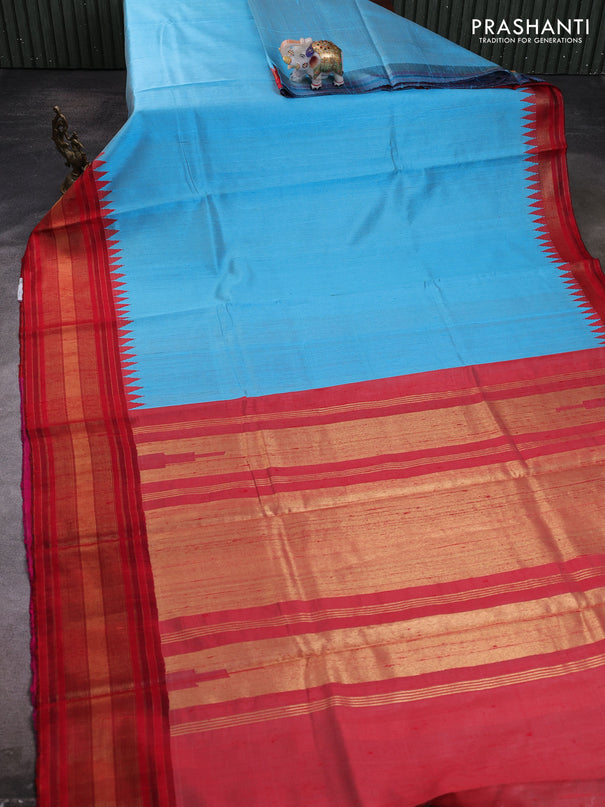 Pure dupion silk saree cs blue and red with plain body and temple design zari woven border