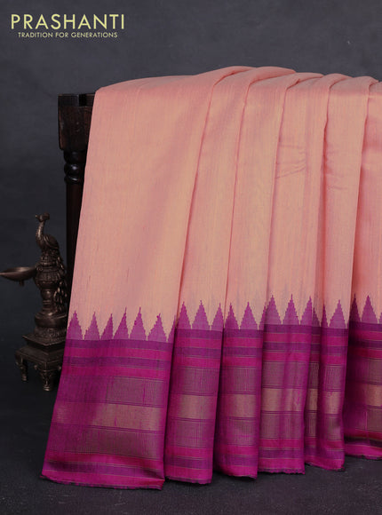 Pure dupion silk saree pale orange and magenta pink with plain body and temple design zari woven border