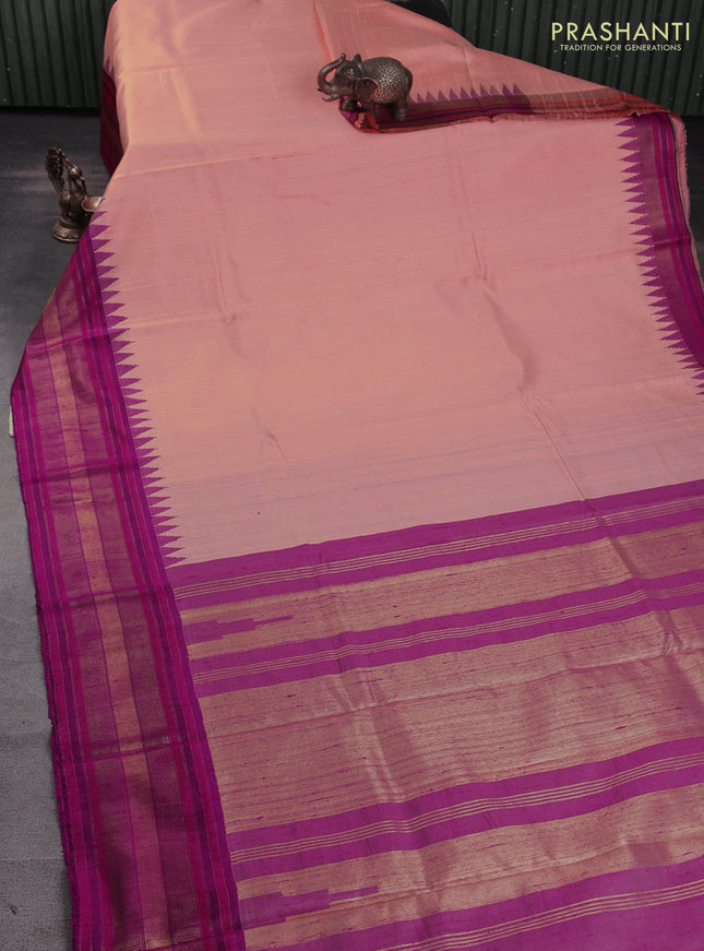 Pure dupion silk saree pale orange and magenta pink with plain body and temple design zari woven border