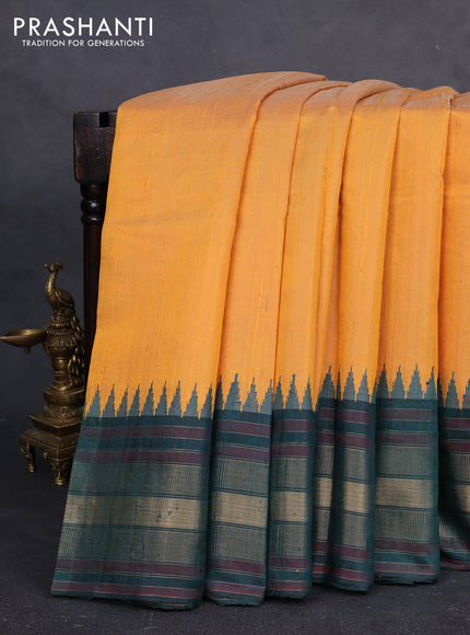 Pure dupion silk saree mustard yellow and peacock green with plain body and temple design zari woven border