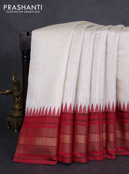 Pure dupion silk saree off white and red with plain body and temple design zari woven border