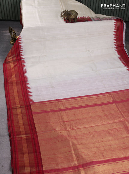 Pure dupion silk saree off white and red with plain body and temple design zari woven border