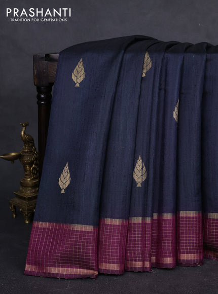 Pure dupion silk saree navy blue and magenta pink with zari woven buttas and zari woven border