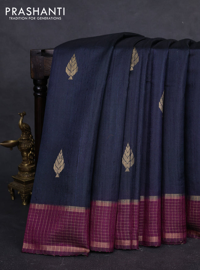 Pure dupion silk saree navy blue and magenta pink with zari woven buttas and zari woven border