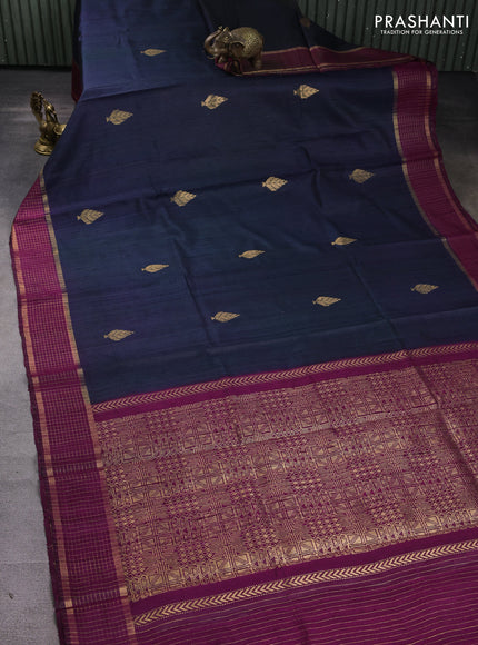 Pure dupion silk saree navy blue and magenta pink with zari woven buttas and zari woven border