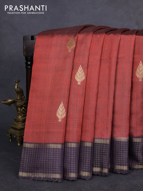 Pure dupion silk saree rust shade and black with zari woven buttas and zari woven border