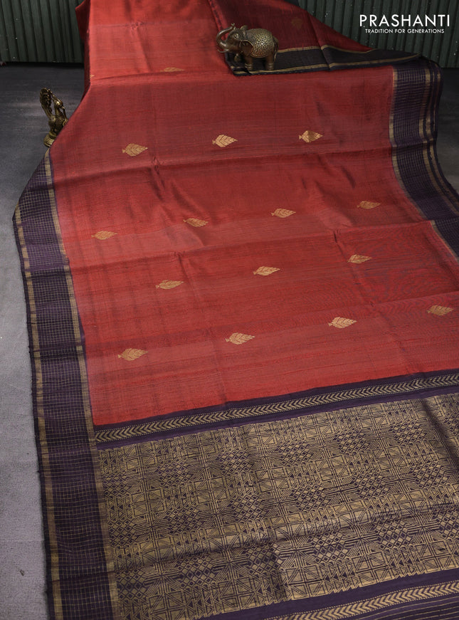 Pure dupion silk saree rust shade and black with zari woven buttas and zari woven border