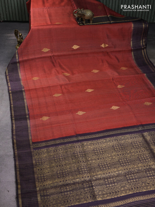 Pure dupion silk saree rust shade and black with zari woven buttas and zari woven border