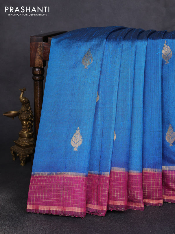 Pure dupion silk saree cs blue and pink with zari woven buttas and zari woven border