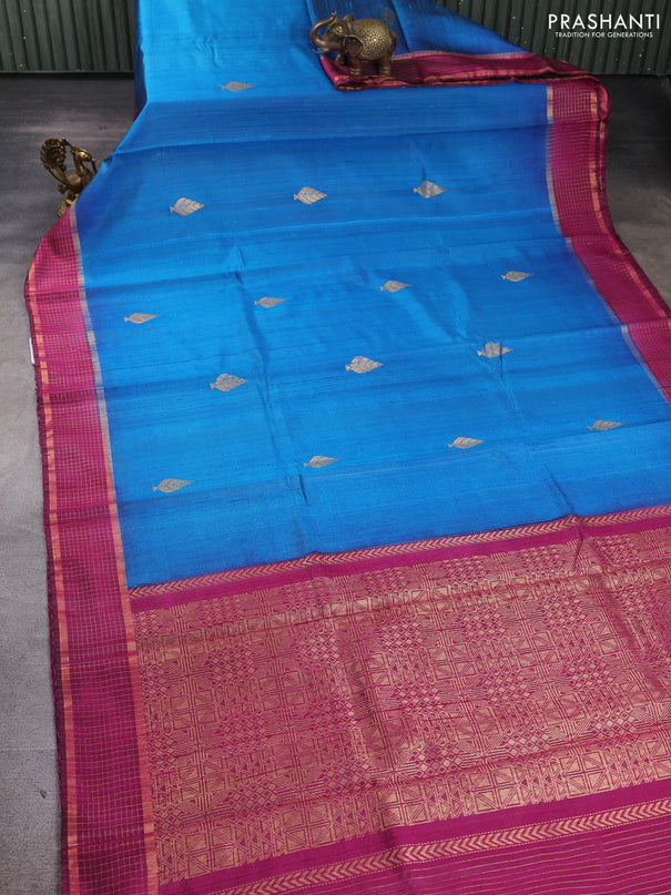 Pure dupion silk saree cs blue and pink with zari woven buttas and zari woven border