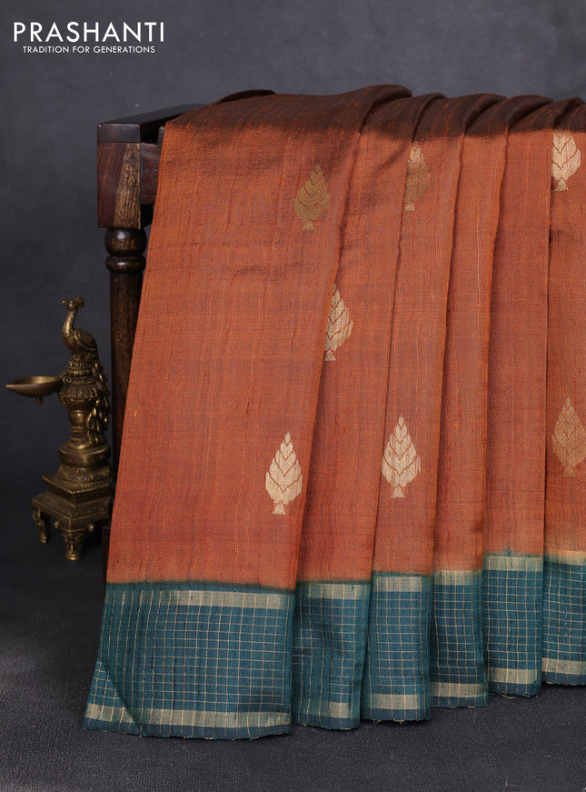 Pure dupion silk saree dark mustard and peacock green with zari woven buttas and zari woven border