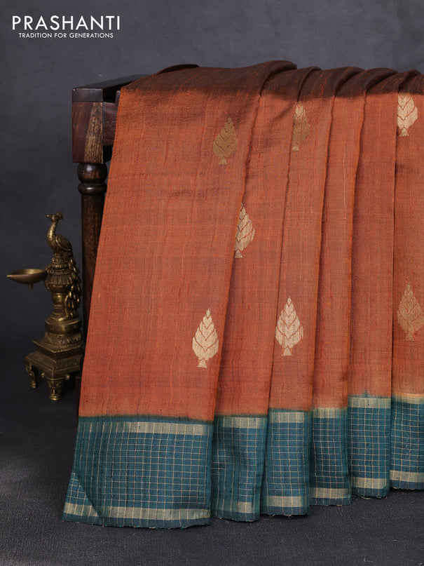 Pure dupion silk saree dark mustard and peacock green with zari woven buttas and zari woven border