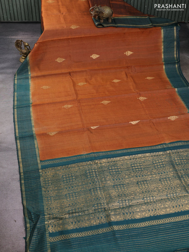 Pure dupion silk saree dark mustard and peacock green with zari woven buttas and zari woven border
