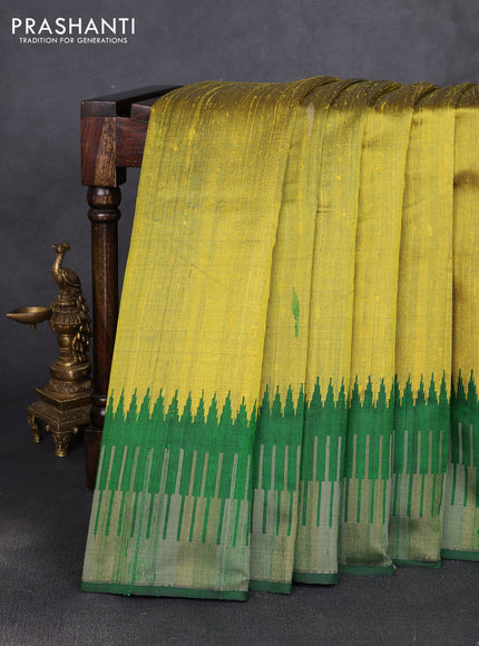 Pure dupion silk saree lime green and green with thread woven buttas and temple design thread & zari woven border