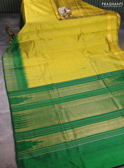 Pure dupion silk saree lime green and green with thread woven buttas and temple design thread & zari woven border