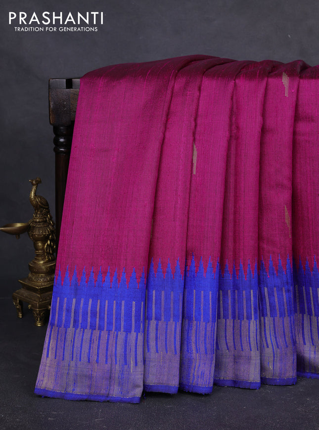 Pure dupion silk saree pink and blue with thread & zari woven buttas and temple design thread & zari woven border
