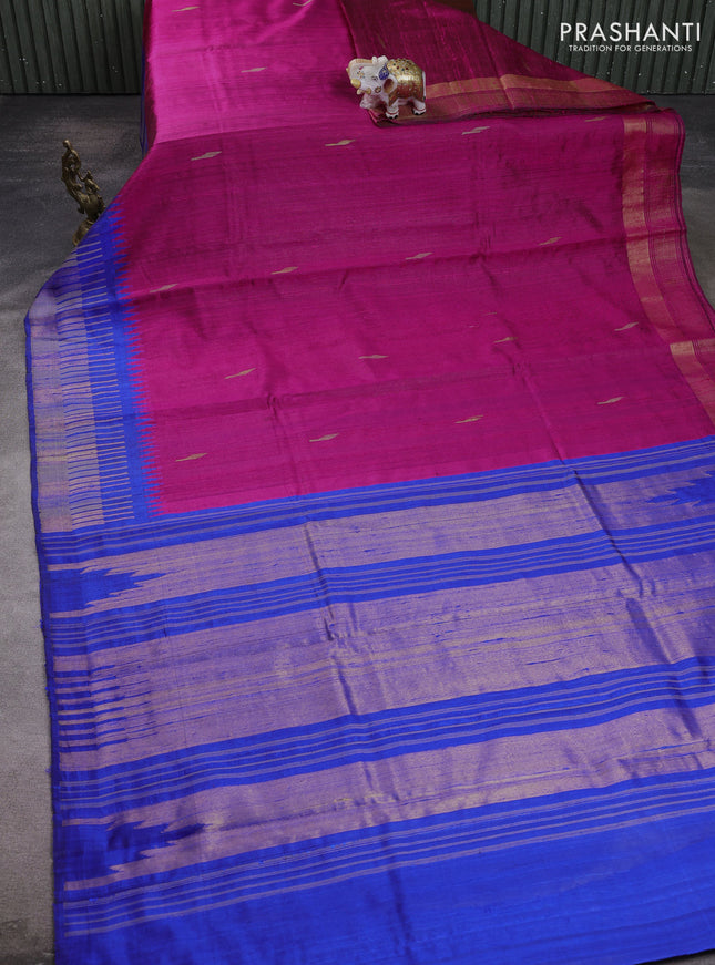 Pure dupion silk saree pink and blue with thread & zari woven buttas and temple design thread & zari woven border